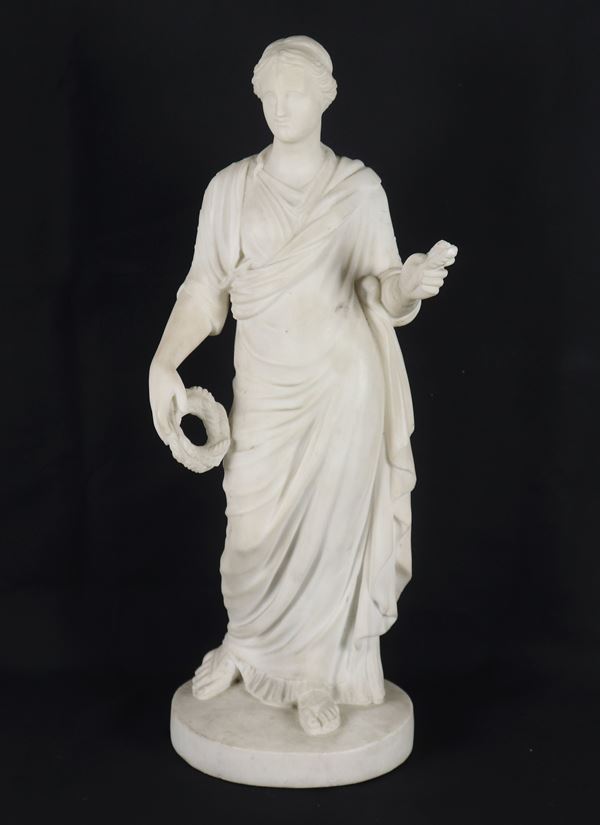 "The Goddess of Abundance", white marble sculpture. Signed. One arm has a glued break