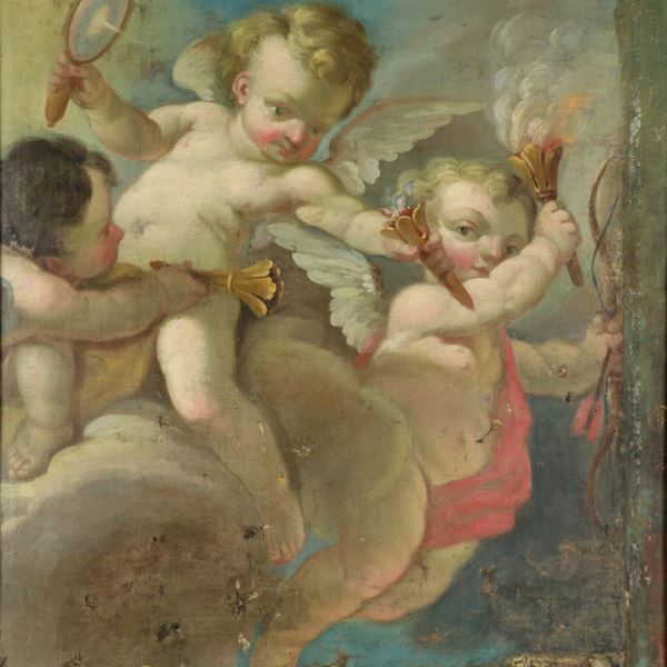 Scuola Romana Inizio XVIII Secolo - "Allegoria di putti", dipinto ad olio su tela