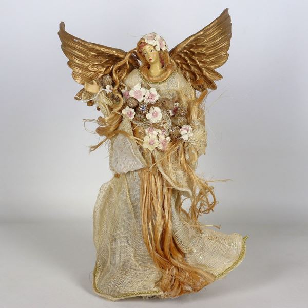 "Angel", small polychrome ceramic sculpture with gilded wooden wings, defects and a slight lack on one hand