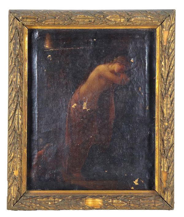 Scuola Italiana Inizio XIX Secolo - "The rest of Venus with cupid", small oil painting on canvas in an ancient gilded and carved wooden frame. Various defects on the canvas and frame