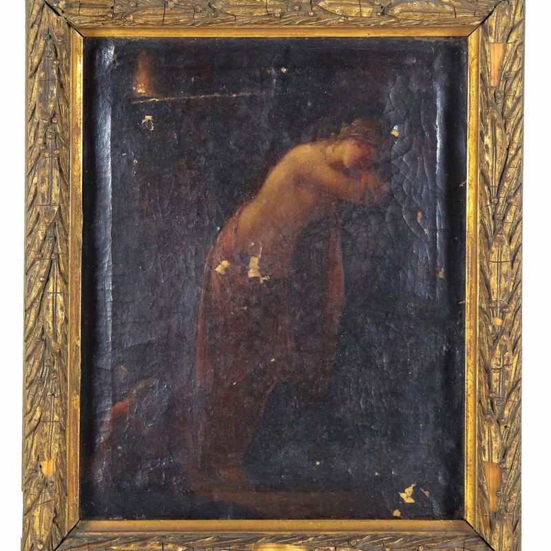 "Il riposo di Venere con amorino", piccolo dipinto ad olio su tela in antica cornice in legno dor...