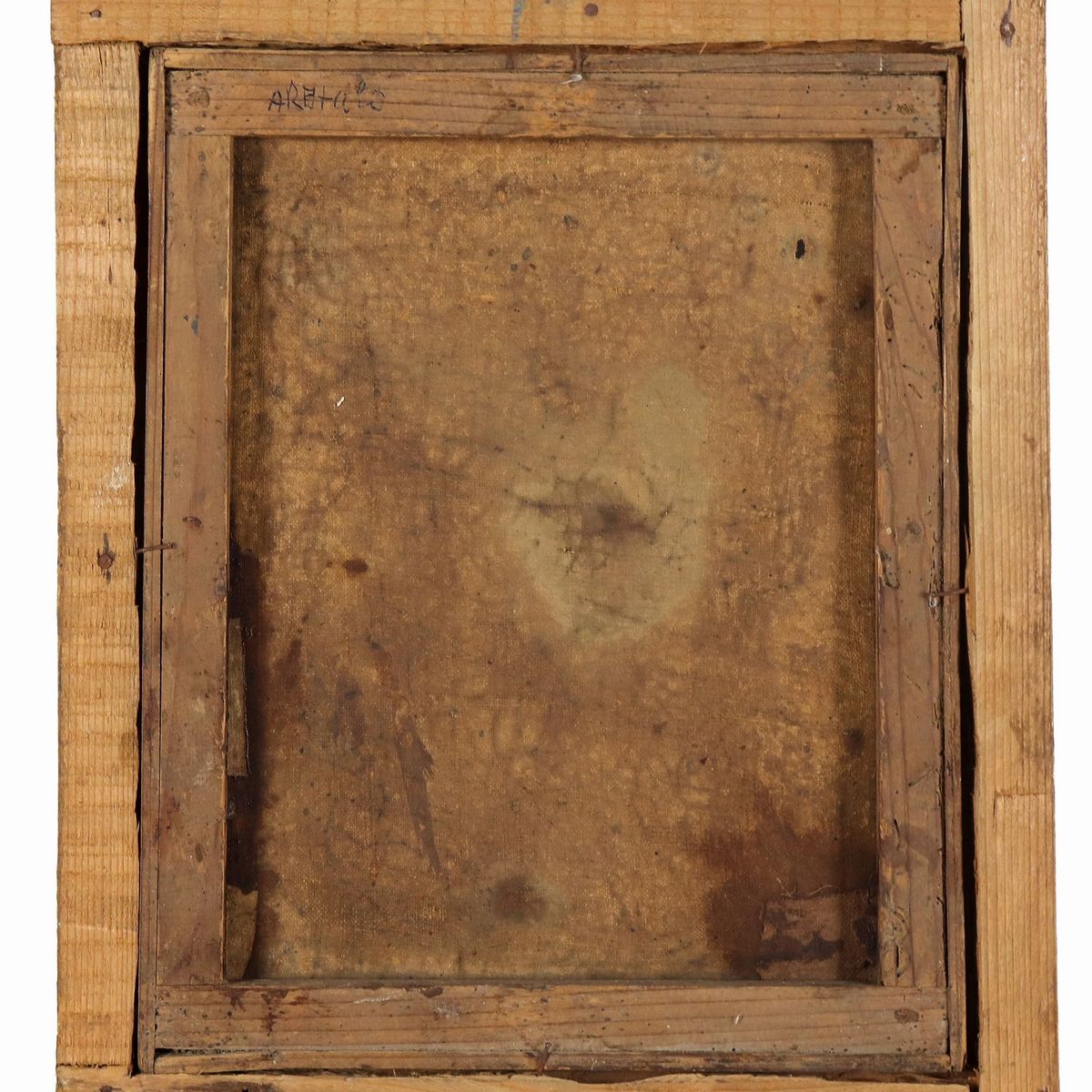 "Il riposo di Venere con amorino", piccolo dipinto ad olio su tela in antica cornice in legno dor...
