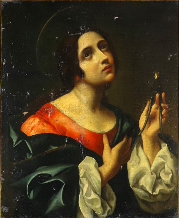 Carlo Dolci - Student of. "Sant'Apollonia", fine oil painting on canvas with slight color drops