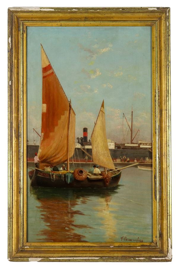 Giuseppe Pennasilico - Reca la firma di. "Porticciolo con barca di pescatori", dipinto ad olio su tela