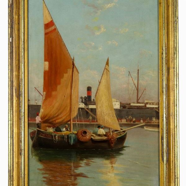 Giuseppe Pennasilico - It bears the signature of. "Marina with fishing boat", oil painting on canvas