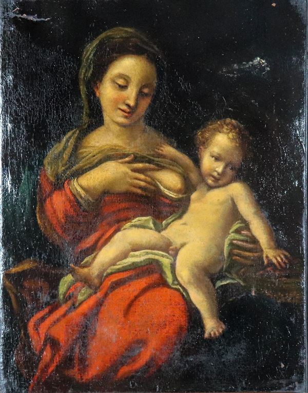 Scuola Emiliana XVII Secolo - "The Madonna of Milk", oil painting on canvas, slight defects on the canvas