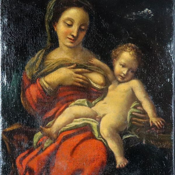 Scuola Emiliana XVII Secolo - "La Madonna del latte", dipinto ad olio su tela, lievi difetti alla tela