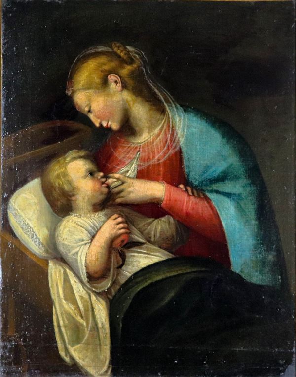Scuola Genovese XVII Secolo - "Madonna con Bambino", dipinto ad olio su tela 