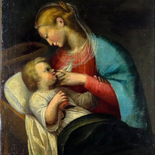 Scuola Genovese XVII Secolo - "Madonna con Bambino", dipinto ad olio su tela 