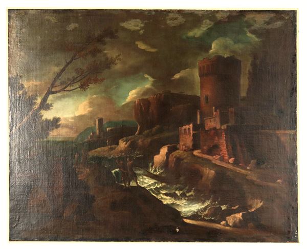 Scuola Italiana Inizio XVIII Secolo - "Landscape with castle, wayfarers and watercourse", oil painting on canvas