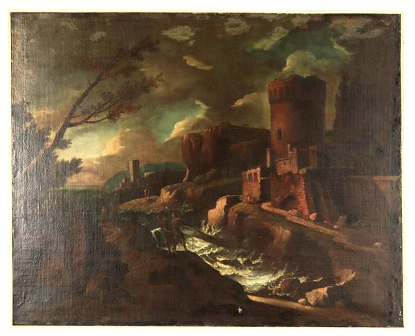 Scuola Italiana Inizio XVIII Secolo - "Paesaggio con castello, viandanti e corso d'acqua", dipinto ad olio su tela