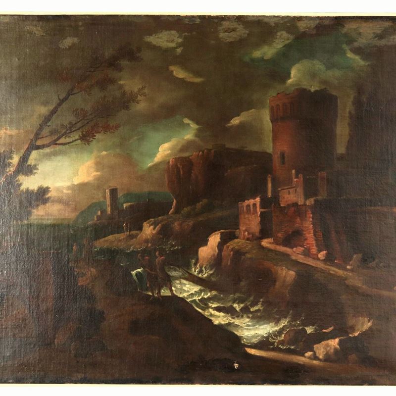 "Paesaggio con castello, viandanti e corso d'acqua", dipinto ad olio su tela