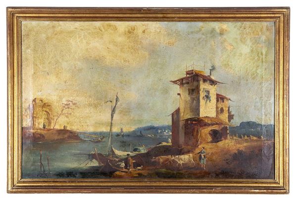 Scuola Veneta Inizio XIX Secolo - "Capriccio veneziano con veduta di porticciolo e personaggi", dipinto ad olio su tela