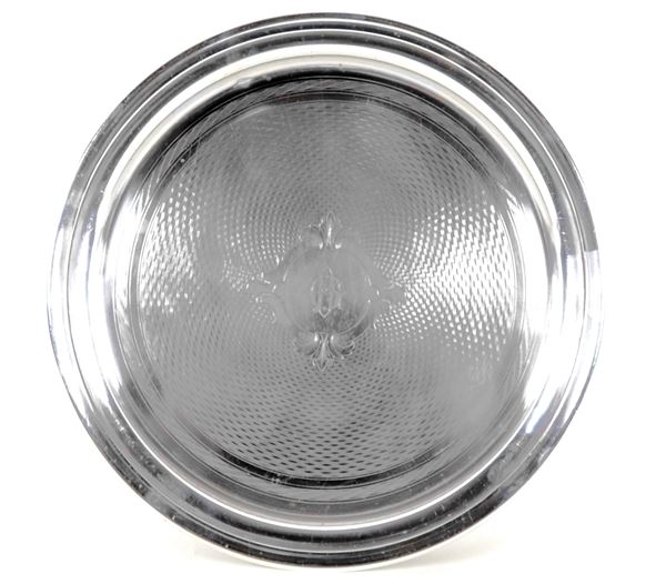Round silver metal tray with engraved monogram