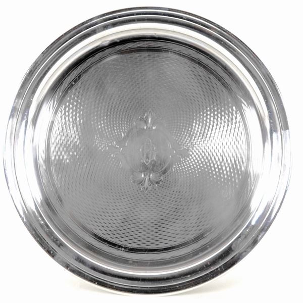 Round silver metal tray with engraved monogram