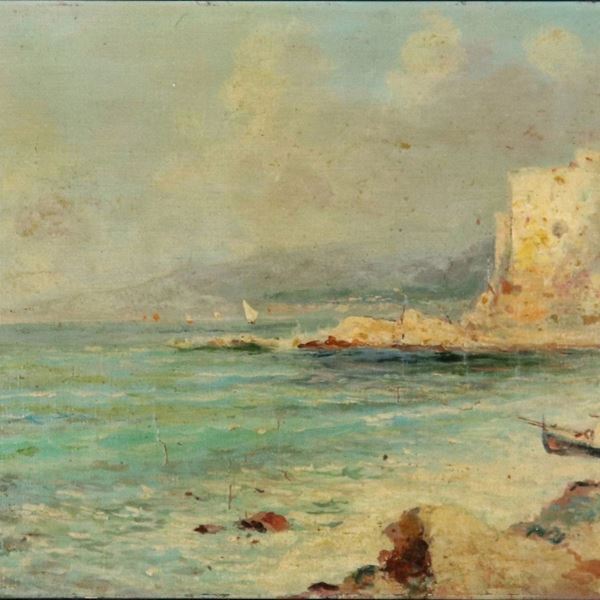 Oscar Ricciardi - Firmato. "Marina con costa napoletana e porticciolo con pescatori", dipinto ad olio su cartone pressato