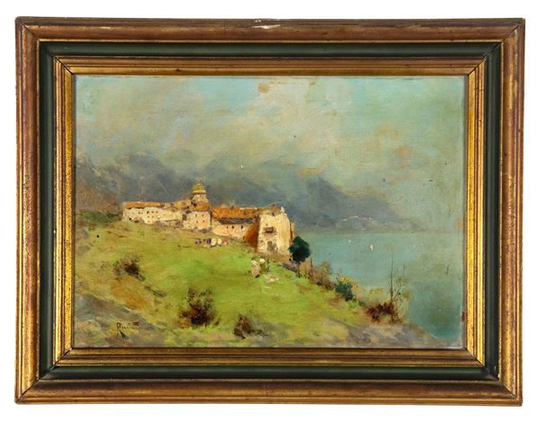 Oscar Ricciardi - Firmato. "Veduta di Marina di Sorrento", piccolo dipinto ad olio su tavoletta