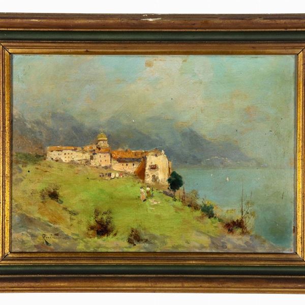 Oscar Ricciardi - Firmato. "Veduta di Marina di Sorrento", piccolo dipinto ad olio su tavoletta