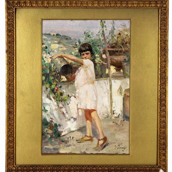 Giovanni Panza - Firmato. "Bambina che annaffia i fiori", piccolo dipinto ad olio su compensato