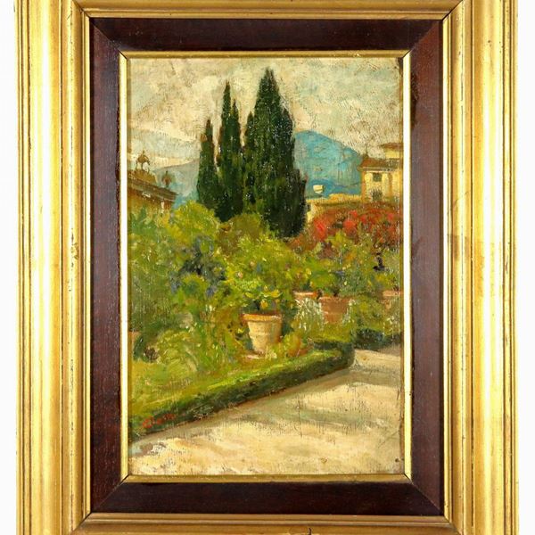 Pittore Italiano XIX Secolo - Firmato. "Veduta di villa con giardino e cipressi", piccolo dipinto ad olio su cartone pressato