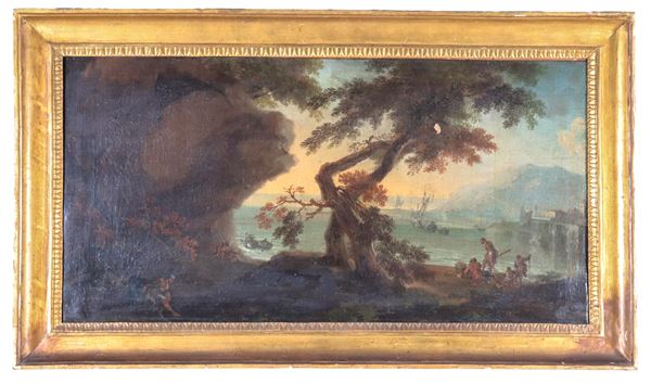 Scuola Veneta Fine XVII Secolo - "Paesaggio con marina, barche, pescatori e borgo", dipinto ad olio su tela