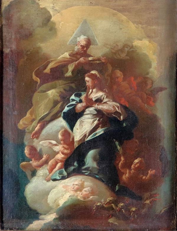 Francesco Solimena - Bottega di. "Ascensione della Vergine", antico dipinto ad olio su tela