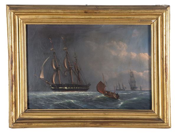 Scuola Italiana XIX Secolo - "Marina con velieri e barca di pescatori", piccolo dipinto ad olio su tela