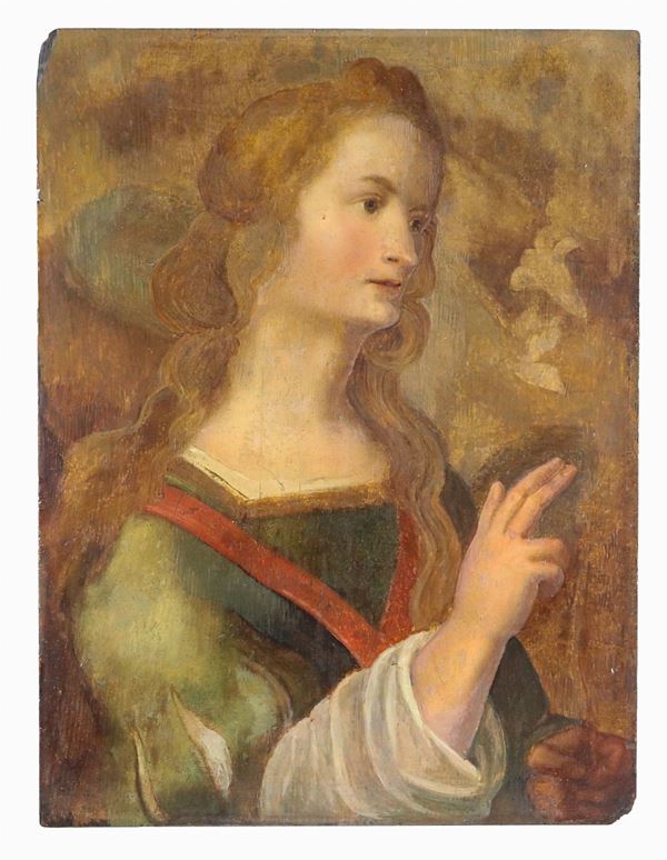 Scuola Toscana Inizio XVIII Secolo - "Saint with lily", oil painting on wood, old restorations