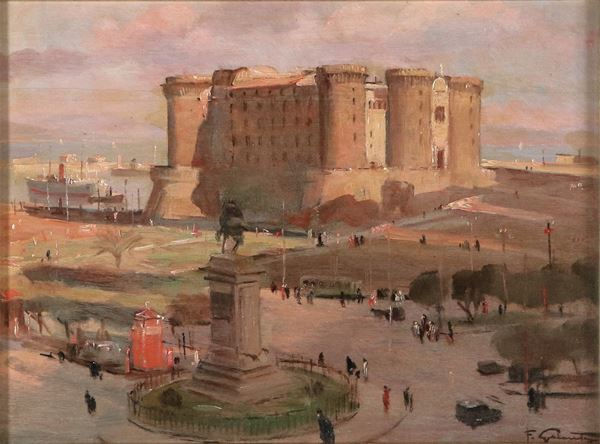 Francesco Galante - Firmato. "Veduta di Napoli con Piazza del Municipio e il Maschio Angioino", dipinto ad olio su compensato