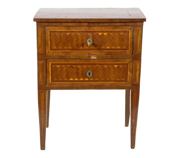 Antique Piedmontese Louis XVI bedside table in bois de rose and purple ebony, with geometric pattern inlays, two drawers and four legs in the shape of an inverted pyramid