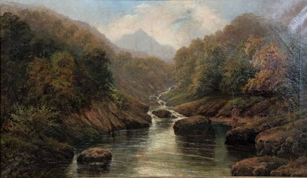 Pittore Austriaco XIX Secolo - &quot;Paesaggio alpino con bosco, corso d&#39;acqua e cascatella&quot;