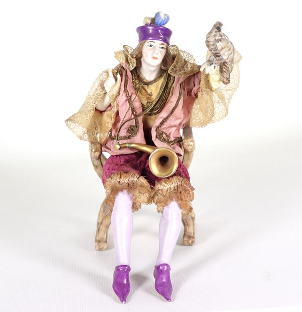 "Nobleman with falcon", small polychrome porcelain sculpture