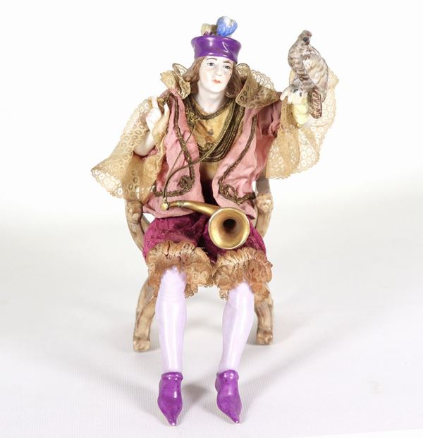 "Nobleman with falcon", small polychrome porcelain sculpture
