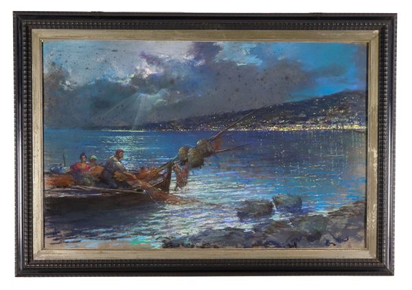 Roberto Carignani - Signed. "Night marina with the Neapolitan coast and boat with fishermen", thin oil painting and pastel on plywood