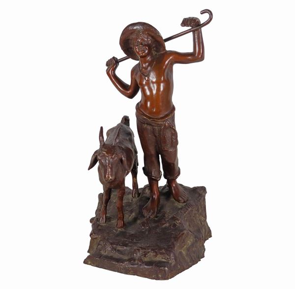 Tommaso Campajola - Signed. "Shepherd with goat", bronze group of excellent workmanship