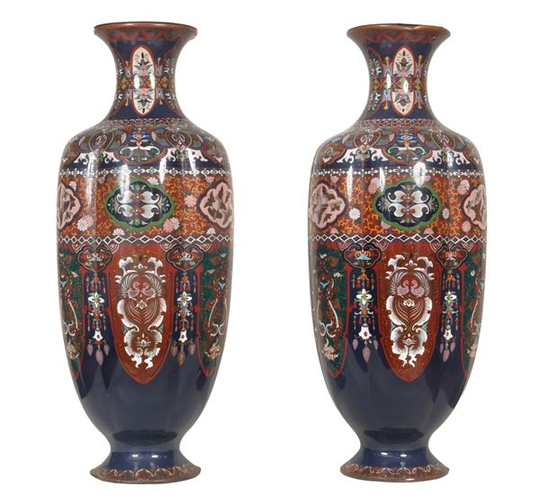 Pair of antique large Japanese Nagoya amphora vases in cloisonné enamel with various polychromes and decorations. First Meiji Period (1868-1912)