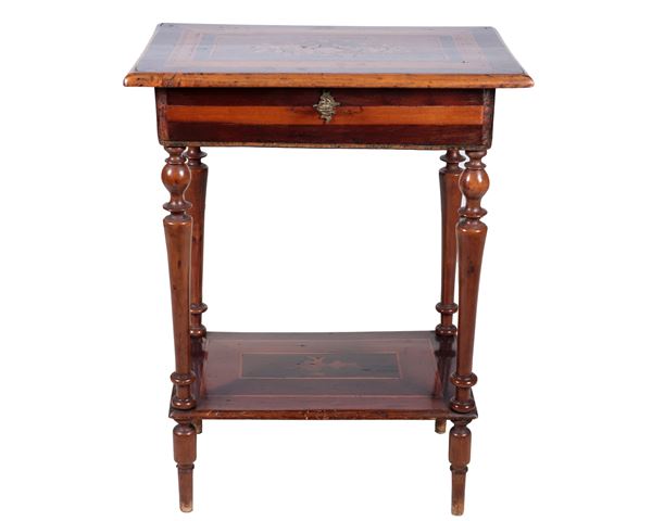 Antique French rectangular-shaped center table in walnut, with inlays of geometric and floral motifs, folding top with compartments and mirror inside, four cone-shaped legs joined by a shelf below