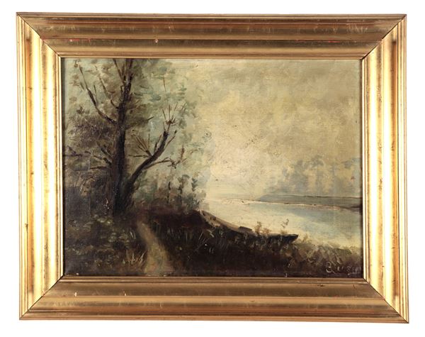 Scuola Lombarda Fine XIX Secolo - Firmato. “Paesaggio con greto del fiume e stradina di campagna”, piccolo dipinto ad olio su tela
