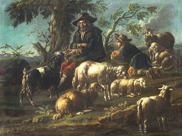 Philip Peter Roos detto Rosa da Tivoli - 'Landscape with shepherds and flock', oil painting on canvas of fine pictorial quality, on the back of the canvas small canvas patches