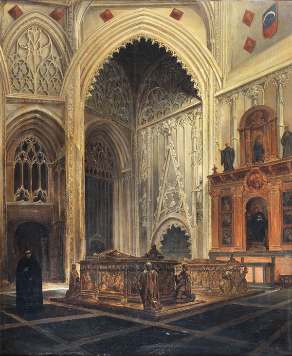 Cecilio Pizarro - Firmato e datato 1851. “Interno della Cattedrale di Toledo con la Cappella di Santiago”, pregevole dipinto ad olio su tela di ottima esecuzione pittorica