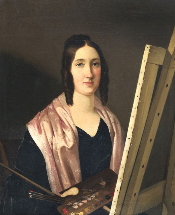 Pittore Toscano Primo Impero (1804-1814) - "La pittrice al cavalletto”, pregevole e fine dipinto ad olio su tela 