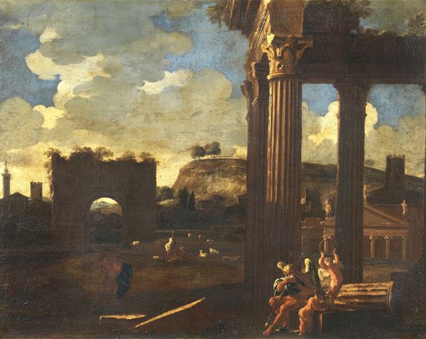 Viviano Codazzi - Bottega di. “Paesaggio con architetture, ruderi romani e personaggi”, pregevole dipinto ad olio su tela 