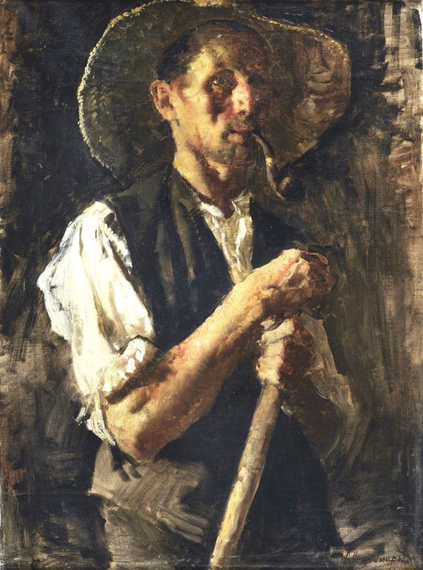 Alessio Issupoff - Signed. “Russian peasant with pipe”, oil painting on canvas