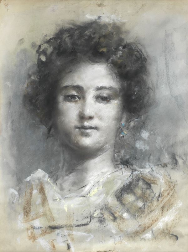 Francesco Paolo Michetti - Traces of signature. “Portrait of a young girl”, painted in pastel and white lead on paper. On the back of the painting it is written that the work was given by the author to the lawyer Ettore d'Orazio in 1889