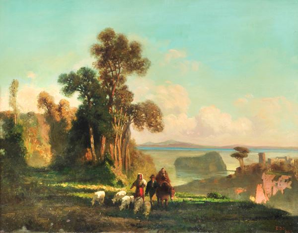 Pittore Napoletano XIX Secolo - Signed E.D. 1865. “View of the Cape of Posillipo with shepherds, flock, little tern on the mule and Nisida in the background”, oil painting on canvas