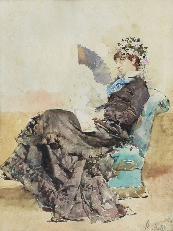 Pittore Italiano XIX Secolo - Firmato e datato 1883. “Giovane ragazza in poltrona”, fine acquarello su carta