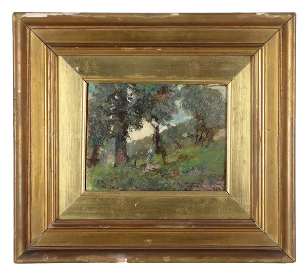 Attilio Pratella - Firmato e datato 1942 con dedica. “Paesaggio collinare con pastorella e gregge”, piccolo diipinto ad olio su tavoletta