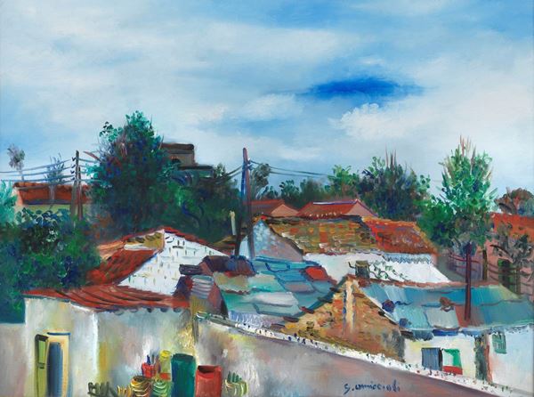 Giovanni Omiccioli - Signed. “Baracche a Fiumicino 1959”, oil painting on canvas