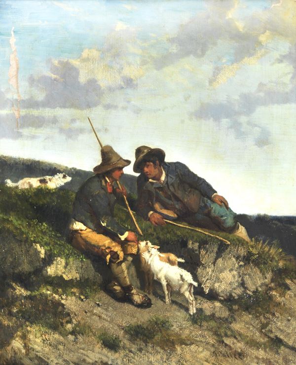 Giuseppe Palizzi - Firmato. “Paesaggio di montagna con pastori e agnellini”, dipinto ad olio su tela. La tela presenta caduta di colore