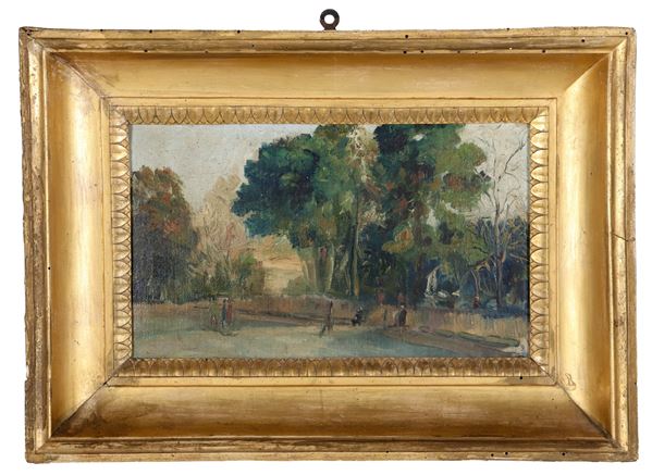 Pittore Napoletano Fine XIX Secolo - ”Paesaggio con giardino, alberi e figure", piccolo dipinto ad olio su tela applicata a cartone
